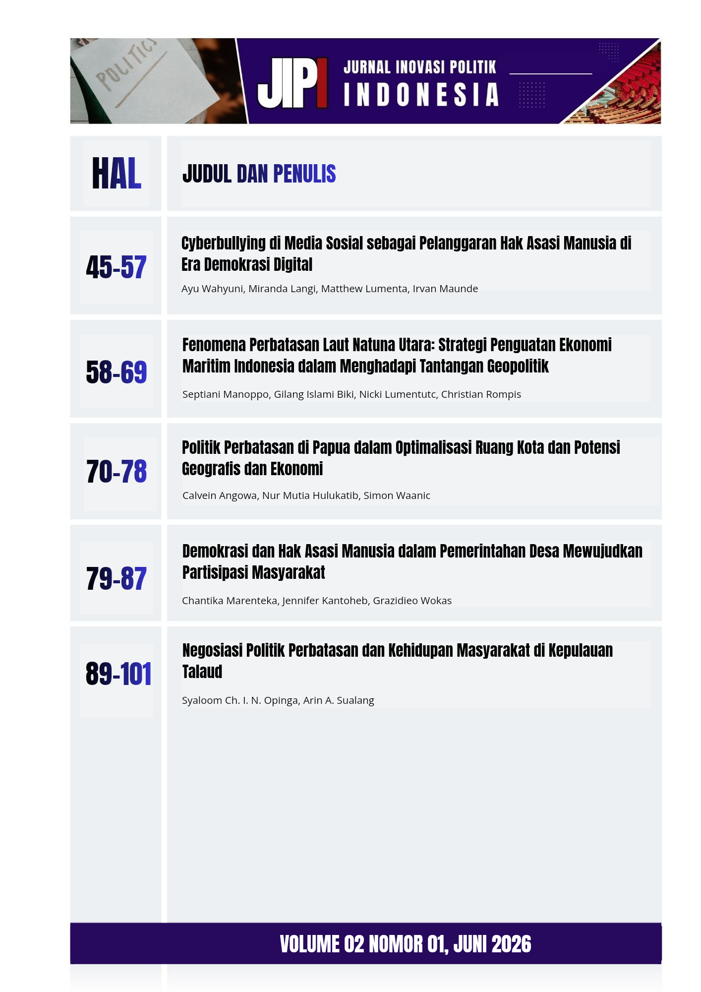 					View Vol. 2 No. 01 (2026): JIPI (Jurnal Inovasi Politik Indonesia)
				